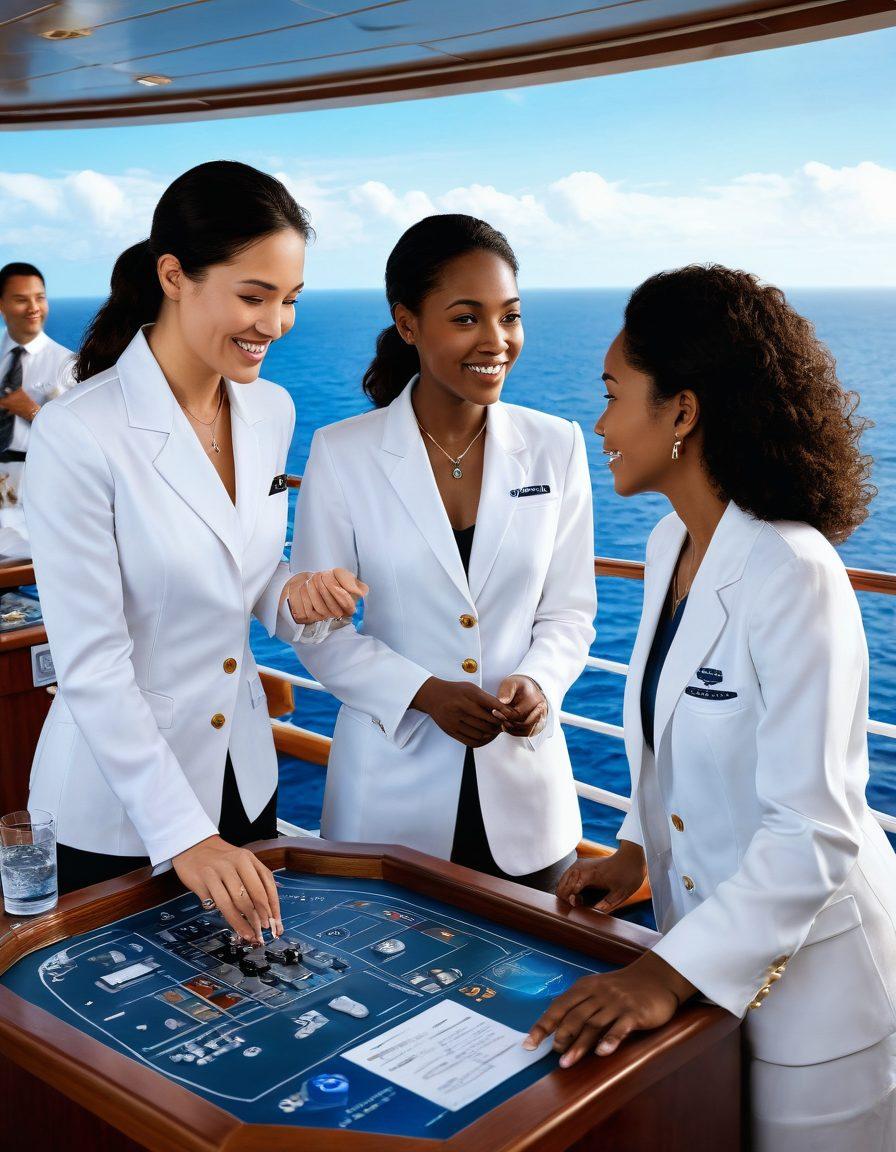 A vibrant and dynamic scene showcasing a diverse group of professionals aboard an elegant cruise ship, engaging in various activities related to the cruise industry, such as hospitality, entertainment, and nautical navigation. Include elements like the ocean in the background, tropical islands, and modern technology. Highlight diversity with people of different ethnicities and genders working together. The atmosphere is lively, exuding a sense of adventure and opportunity. super-realistic. vibrant colors. 3D.