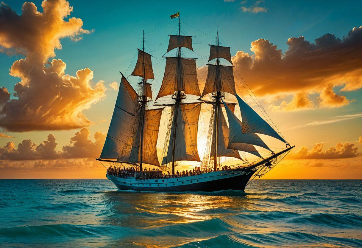 A vibrant scene of a majestic sailing ship navigating through crystal-clear turquoise waters, adorned with a diverse crew celebrating their achievements. In the background, a breathtaking sunset casts warm golden hues over the horizon, while islands with lush greenery dot the distant landscape. Incorporate elements symbolizing success, such as treasure chests and map scrolls, to convey opportunity. super-realistic. vibrant colors. dynamic composition.