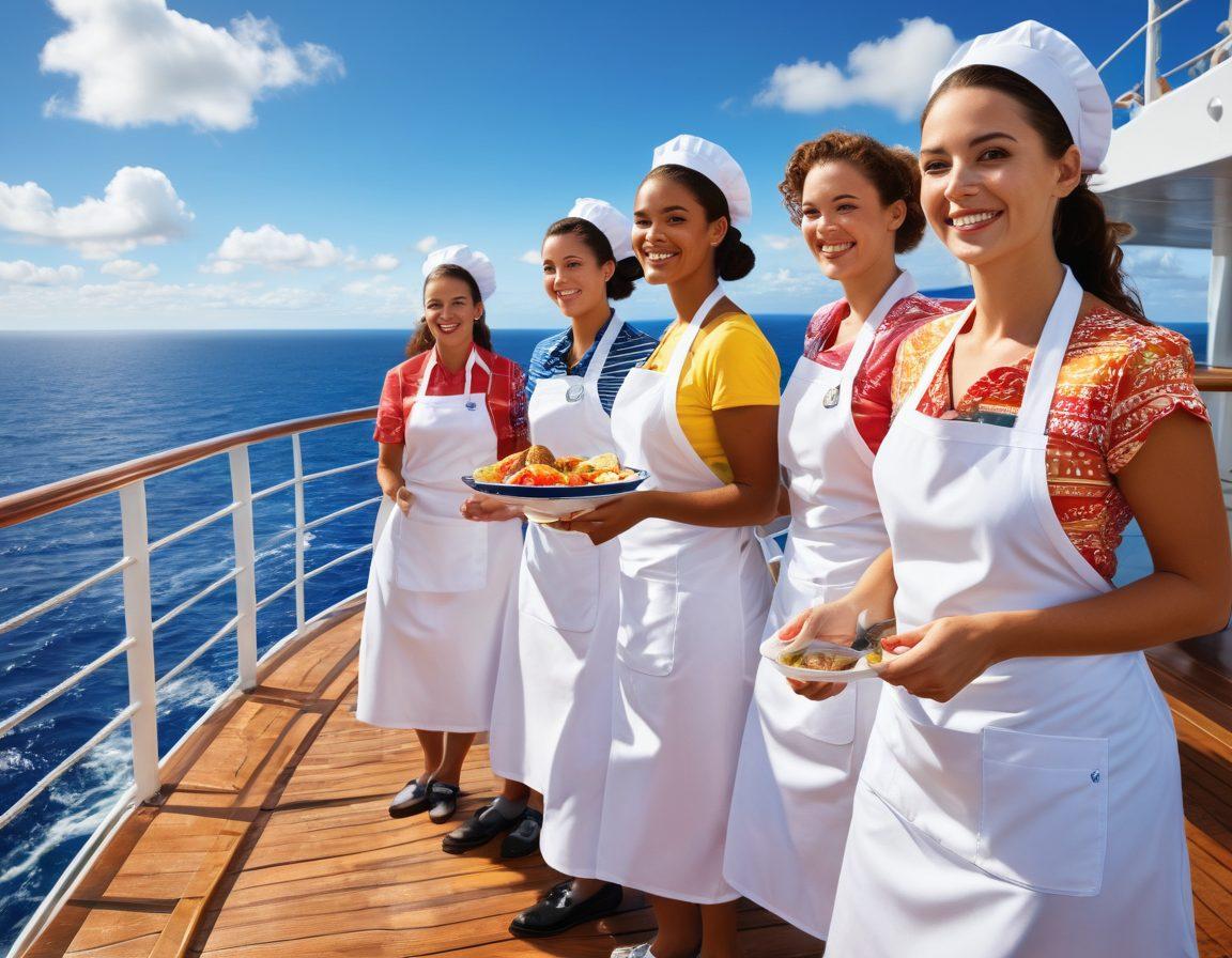 A dynamic scene featuring a diverse group of enthusiastic cruise ship employees, including chefs, entertainers, and hospitality staff, engaged in vibrant activities on a sunlit ship deck. Include a vast ocean backdrop with a bright sky and distant islands, capturing the essence of adventure and career opportunities in the cruise industry. Infuse elements of teamwork and joy, highlighting the excitement of cruise careers. super-realistic. vibrant colors. ocean theme.